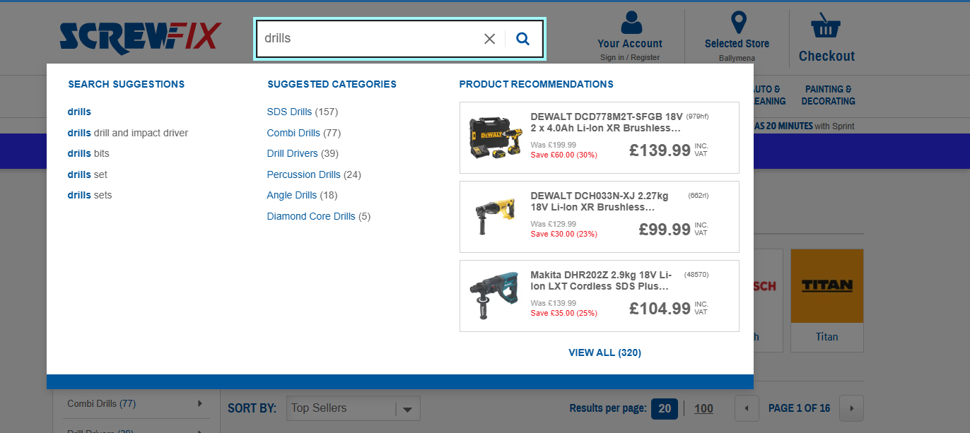 Screwfix custom search dropdown with three columns: search suggestions, categories, and product recommendations. Optimizely Web Variant 2 shipped sitewide on desktop.
